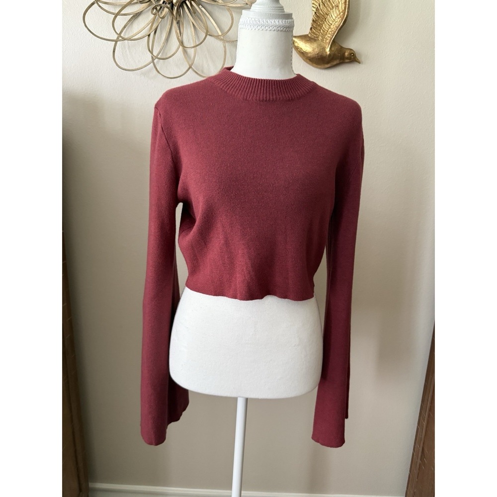 O Vianca Cropped Sweater Women's M Burgundy Cotton Blend Long Sleeve Knit